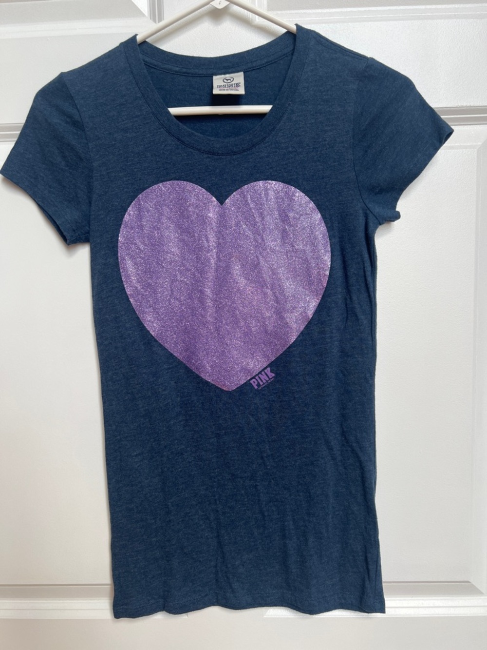 PINK Victoria's Secret Navy Tee with Purple Glitter Heart
